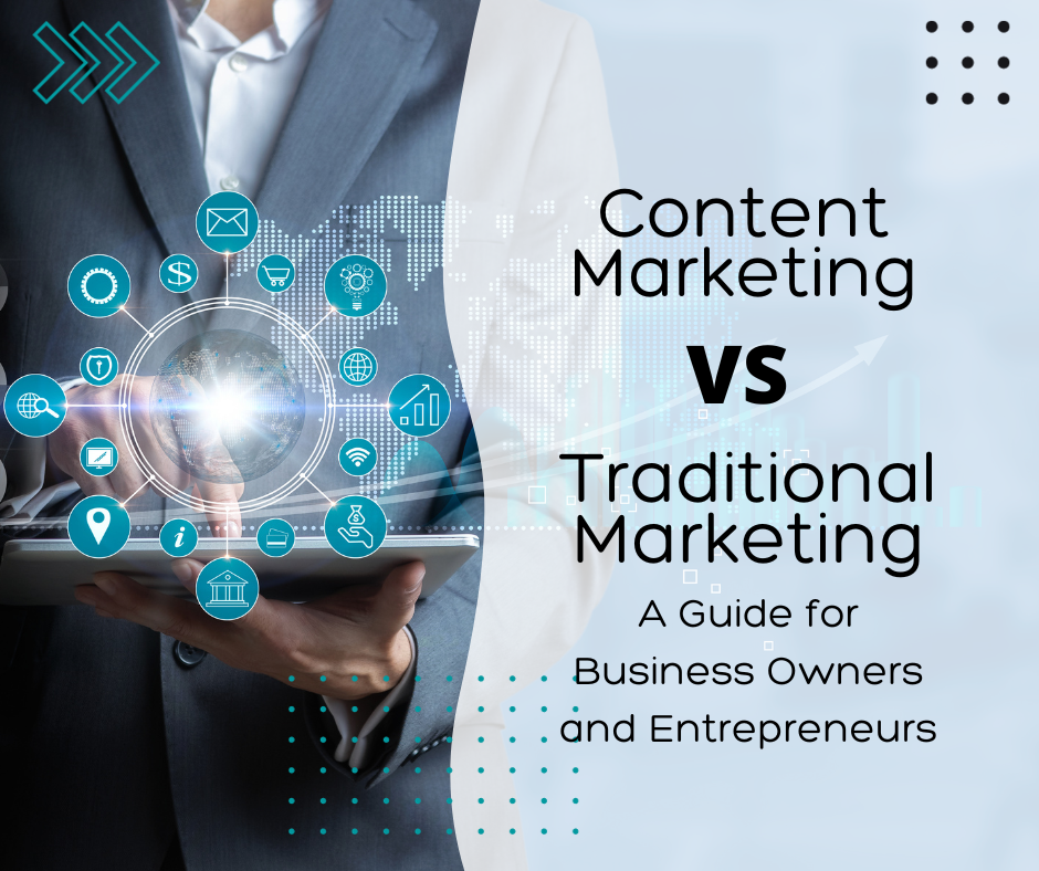 Business owners examining charts comparing content marketing and traditional marketing